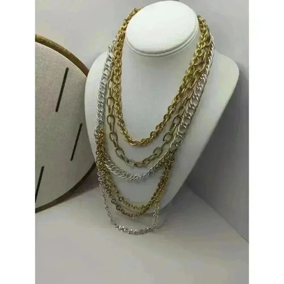 Chicos Silver Gold Tone Multi Layer Chain Link Elegant Necklace 6 Layers - Picture 2 of 6